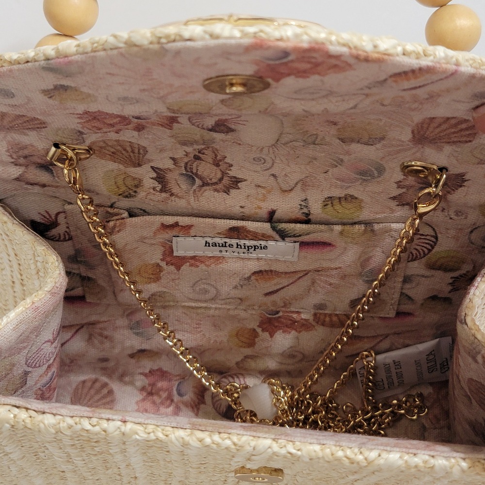 Haute Hippie Woven Straw Gold Sea Shell Clutch Bag Wood Bead Handle Crossbody - Picture 5 of 11
